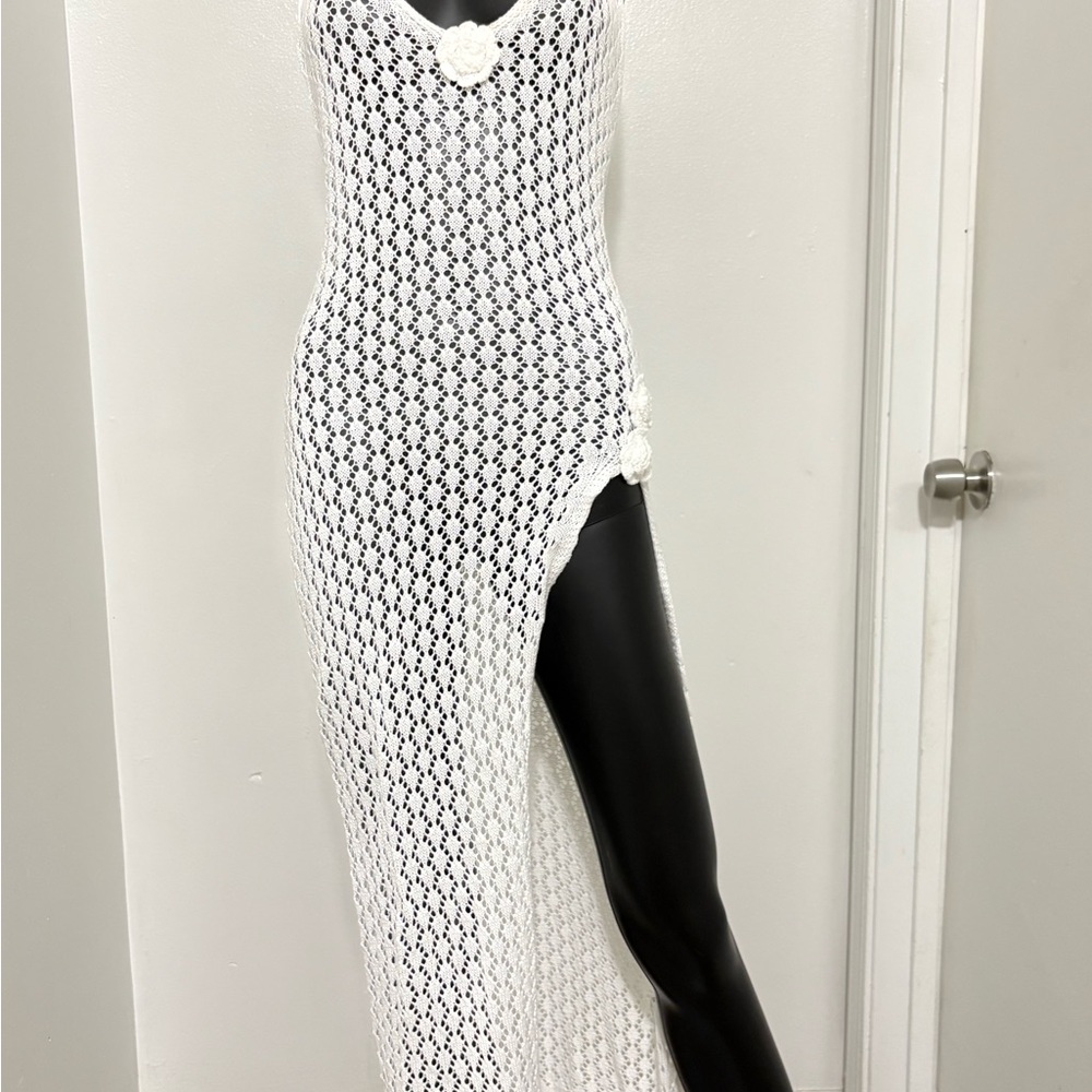 White Crochet Maxi Swim Coverup Dress with Side Slit NWOT Small